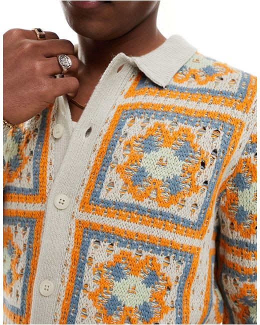 Polo boutonné sur la longueur en maille au crochet à patchwork - beige ASOS pour homme en coloris White