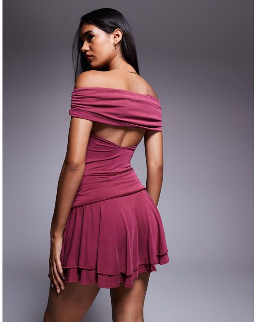 Princess Polly Purple Primadonna Off The Shoulder Metal Hardware Detail Ruffle Hem Open Back Mini Dress