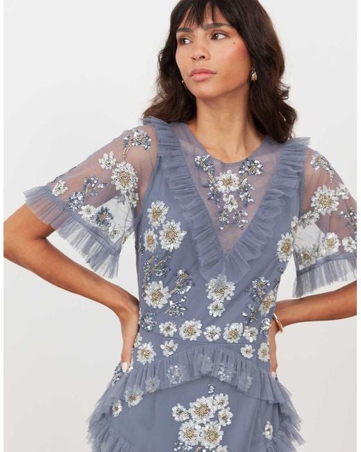 Maya White Embellished Angel Sleeve Ruffle Maxi Dress