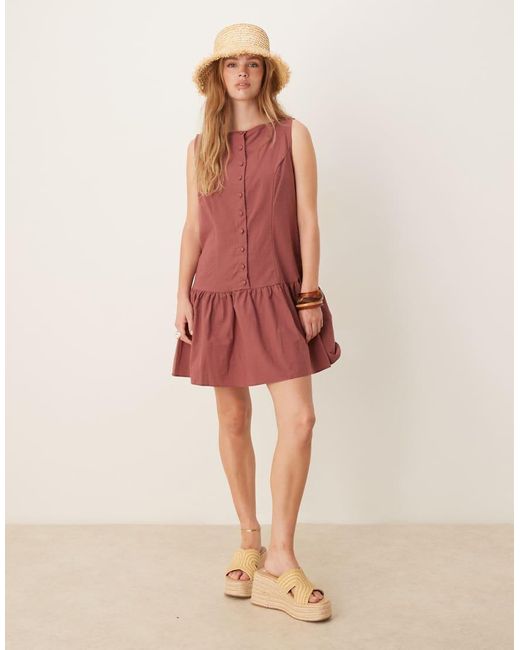 ASOS Red Button Down Dropped Waist Mini Dress With Straight Neck