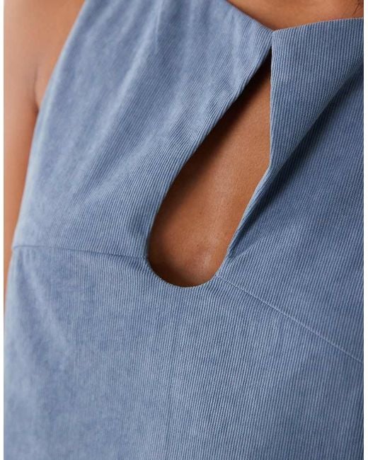 ASOS Blue Asos Design Petite Cord Slash Neck Keyhole Mini Dress