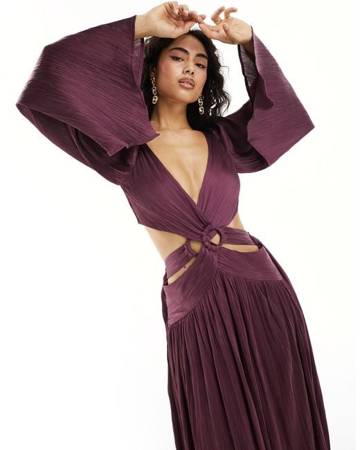 ASOS Purple Satin Plisse Ring Waist Detail Maxi Dress With Kimono Sleeve