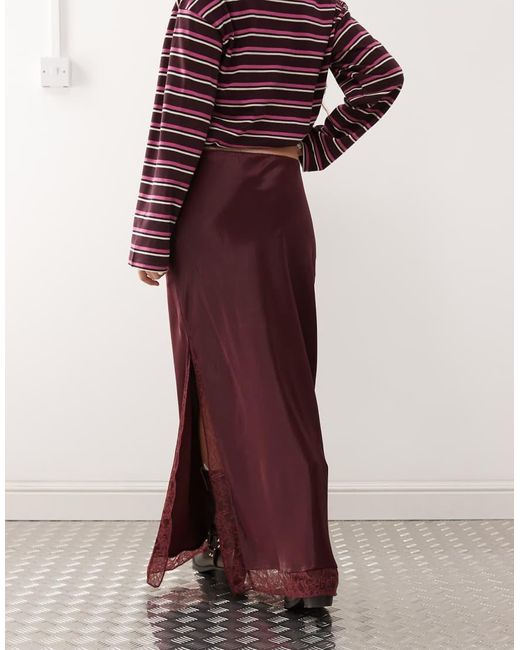 Reclaimed Vintage Red Satin Midi Skirt With Lace Trim