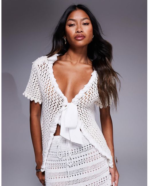Gilet en maille au crochet à manches courtes - crème River Island en coloris White