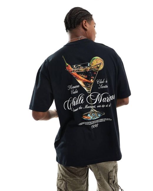 T-Shirt Oversize Nera Con Stampa Martini Sul Petto E Sulla Schiena di ASOS in Blue da Uomo