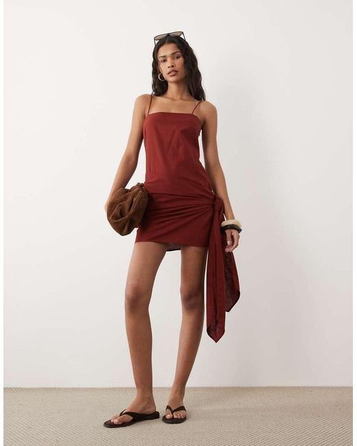 ASOS Red Cotton Linen Sarong Wrap Mini Sundress
