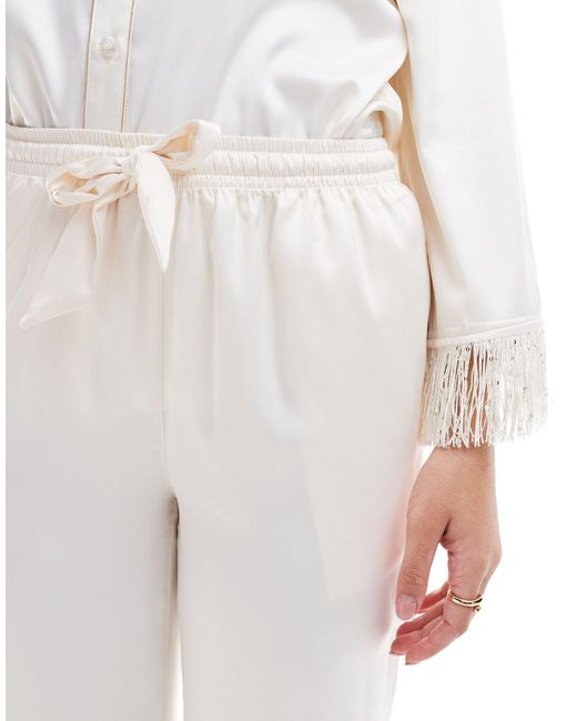 Chelsea Peers White Bridal Satin Short Sleeve Revere And Trouser Set With Tassel Detail
