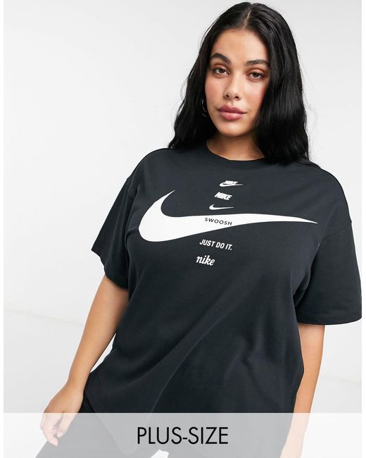 Nike Plus Swoosh Boyfriend Multi Logo T-shirt in Black | Lyst UK