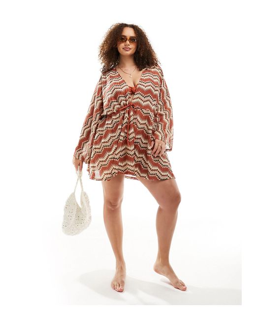 Kimono da spiaggia corto ampio color ruggine ricamato di South Beach in Brown