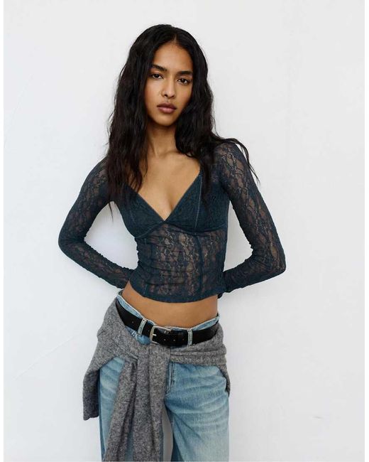 Pull&Bear Top Van Kant Met Korset in het Blue