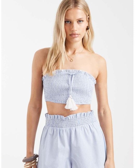 Aray Blue Shirred Bandeau Beach Top