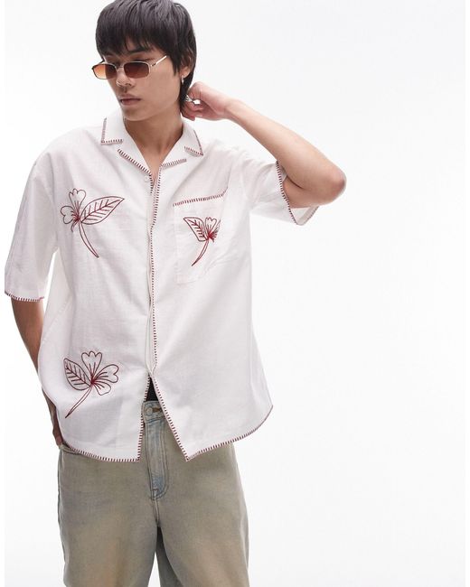 Topman White Short Sleeve Relaxed Hand Drawn Embroidered Shirt for men