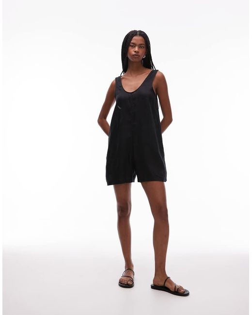 ARKET Black Pure Linen Beach Playsuit With Deep V-neck And Pocket Detail