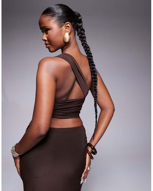 ASOS Brown Slinky One-shoulder Top With Large Trim Detail
