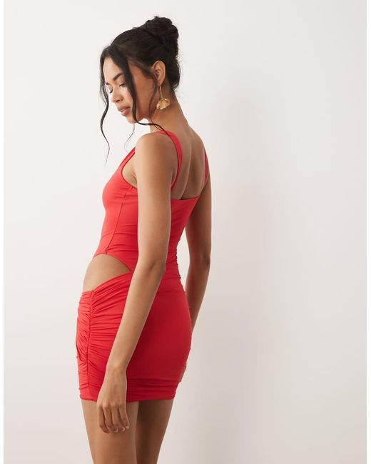 Oh Polly Red Square Neck Cut Out Detail Wrap Skirt Mini Dress
