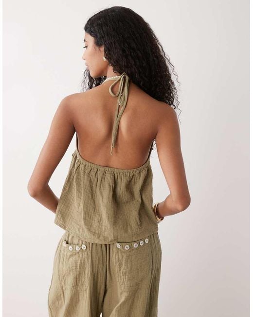 Collusion Brown Cheesecloth Halter Beach Top With Button Trim