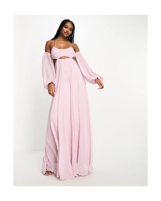 ASOS Pink Asos Design Tall Ruched Bust Off Shoulder Cut Out Babydoll Maxi Dress