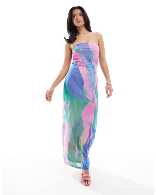 Vero Moda Blue – trägerloses netzstoff-maxikleid mit abstraktem muster