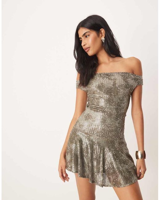 Motel Natural Meden Sequin Off-shoulder Mini Dress
