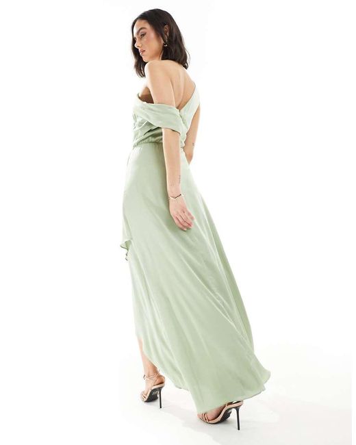 TFNC London Green Bridesmaid Satin Fallen Shoulder Maxi Dress With Wrap Skirt