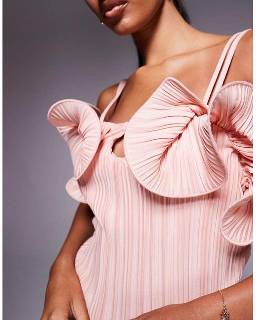 ASOS Pink Double Cami Strap With Curly Detail Plisse Mini Dress