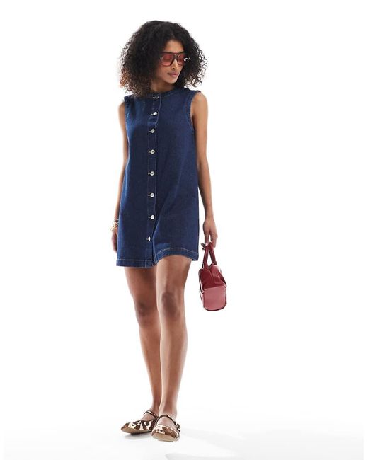 ASOS Blue Trapeze Denim Mini Dress With Button Opening