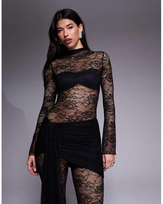 Wanderdoll Black Roxy Sheer Lace High Neck Drape Waist Detail Wide Leg Jumpsuit