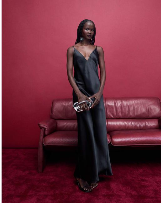 ASOS Black V Neck Cami Satin Slip Midi Dress