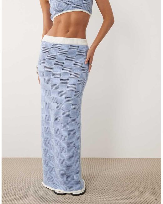 4th & Reckless Blue Cotton Blend Mixed Check Crochet High Waisted Beach Maxi Skirt Co-Ord