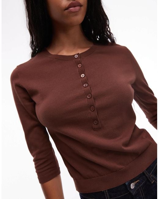 ARKET Brown Knitted Rib Henley Top With Long Sleeves