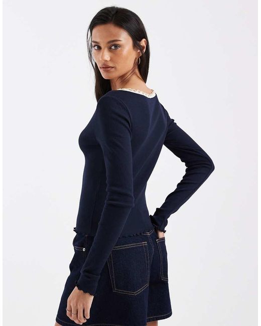 ONLY Blue Rib Knit Cardigan With Lettuce Edge