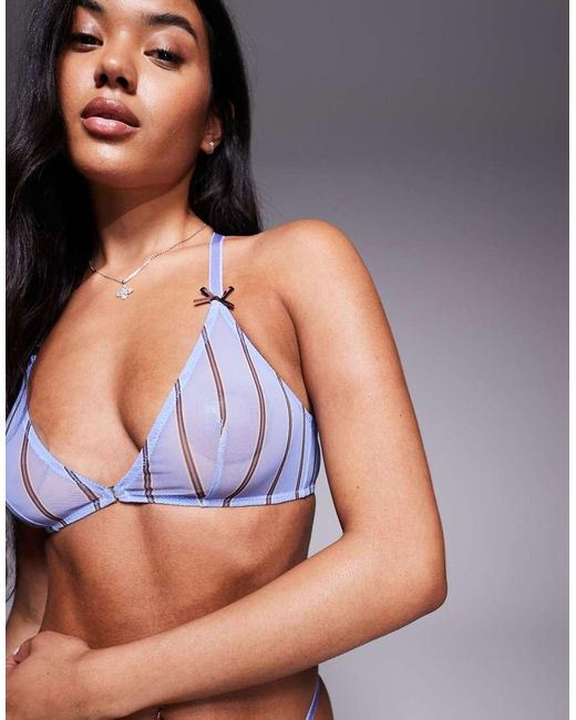 ASOS Blue Esme Mesh Stripe Front Fastening Triangle Bra