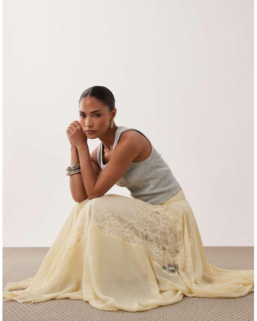 Miss Selfridge Natural Chiffon Lace Mix Hanky Hem Maxi Skirt