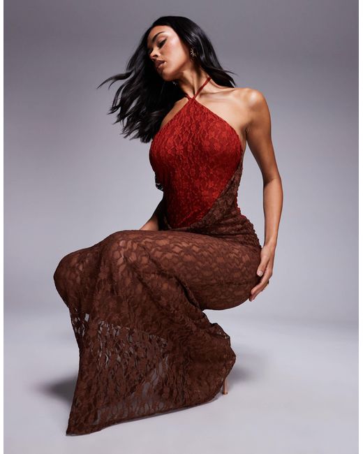 asos brown lace dress ASOS DESIGN Premium molded dress with lace maxi skirt in brown scuba-style fabric