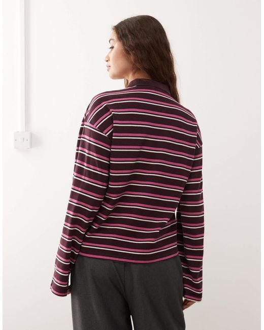 Monki Red – langärmliges oversize-rugby-polohemd mit streifen