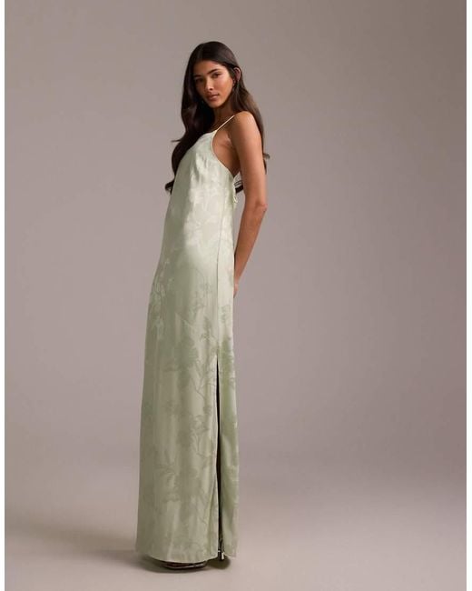ASOS Green Bridesmaids Asymmetric Drape Jacquard Cami Maxi Dress