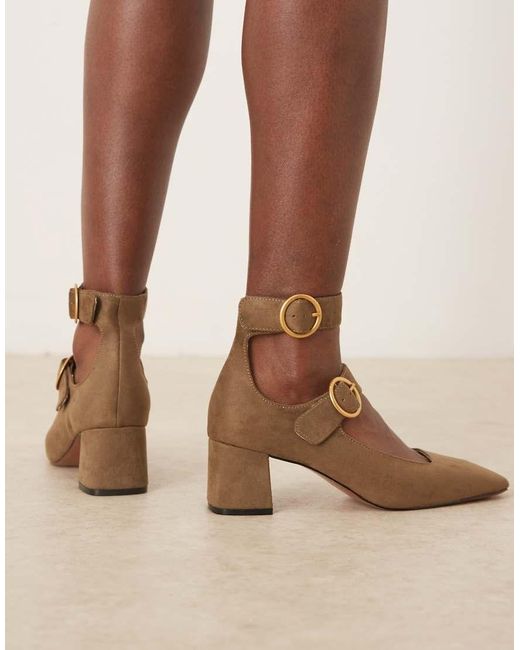 ASOS Natural Sasha Double Buckle Strap Mid Block Heel Shoes