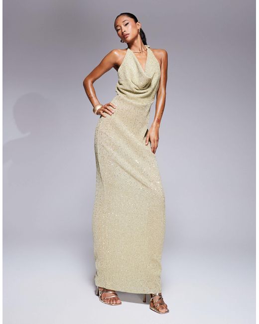 Cowl Neck Green Backless Sequin Maxi Dress