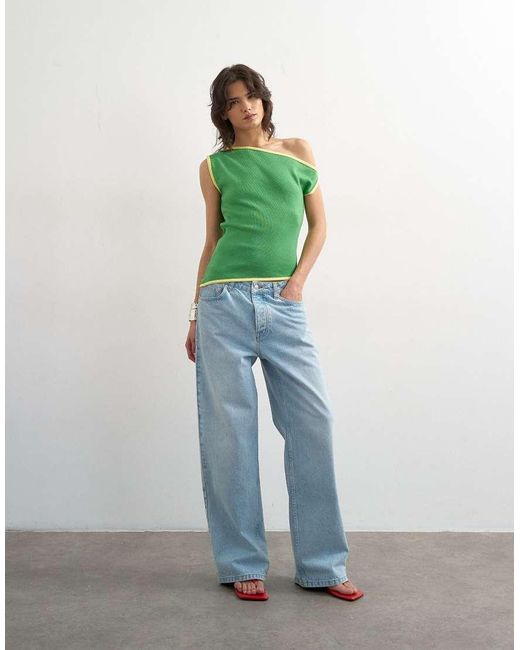 TOPSHOP Green Knitted Asymmetric Off Shoulder Top
