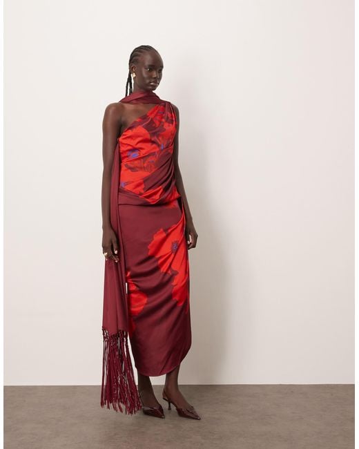 ARRANGE Scarf Neck Draped Midi Dress With Low Back in Red | Lyst ARRANGE Scarf Neck Draped Midi Dress With Low Back in Red | Lyst