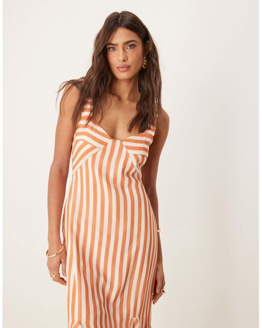 Vestito Lungo Con Spalline Sottili Color Ruggine Con Godet Sul Fondo E Stampa A Righe Divisa di ASOS in Natural