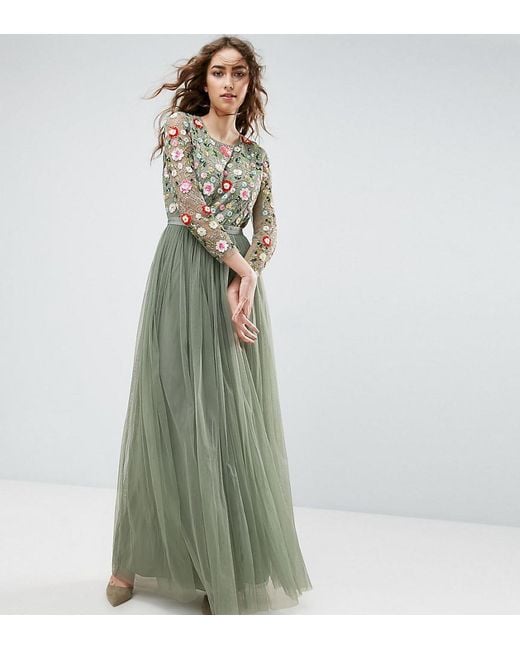 Needle & Thread Green Needle And Thread Long Sleeve Embroidered Maxi Dress