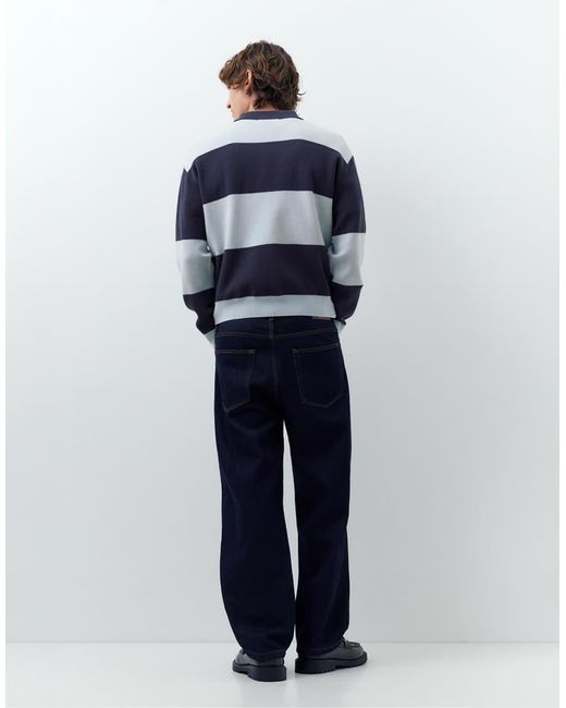 Pull&Bear Blue Long Sleeve Panelled Polo Shirt for men