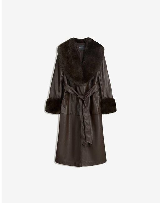 Bershka Brown Leather Effect Coat With Contrast Faux Fur