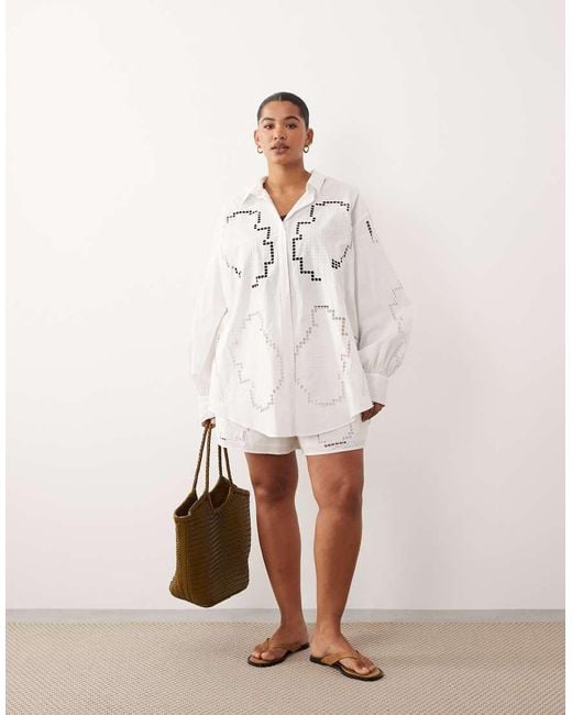 ARRANGE White Curve Oversized Shirt Co-Ord With Cutwork Embroidery
