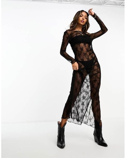 princess polly baby blue dress Miss Selfridge Long Sleeve Sheer Lace Maxi Dress in Black