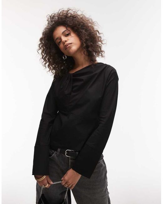 TOPSHOP Poplin Top Met Gedraaide Voorkant in het Black