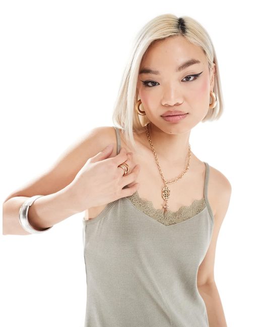 Monki Multicolor Jersey Rib Mini Slip Dress With Lace Trim