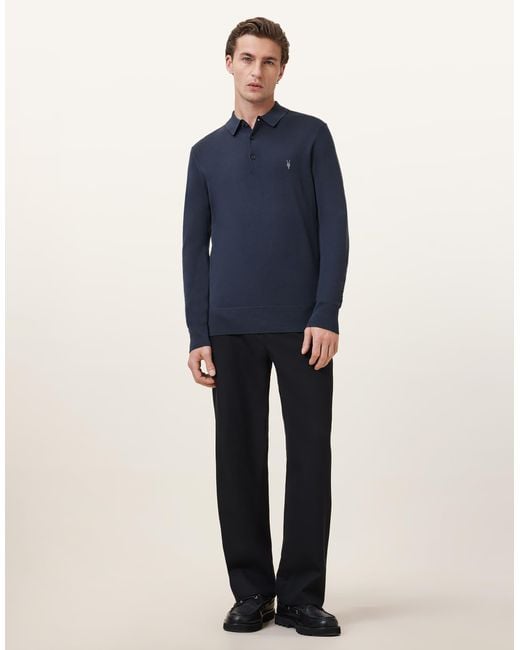 AllSaints – mode – langärmliges polohemd aus merinowolle in Blue für Herren