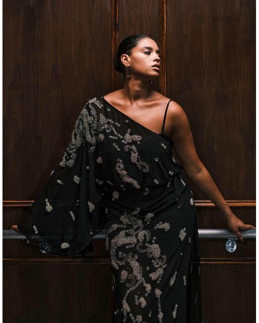 ASOS Black Asos Design Curve Draped Batwing Sleeve Embellished Maxi Dress With Lace